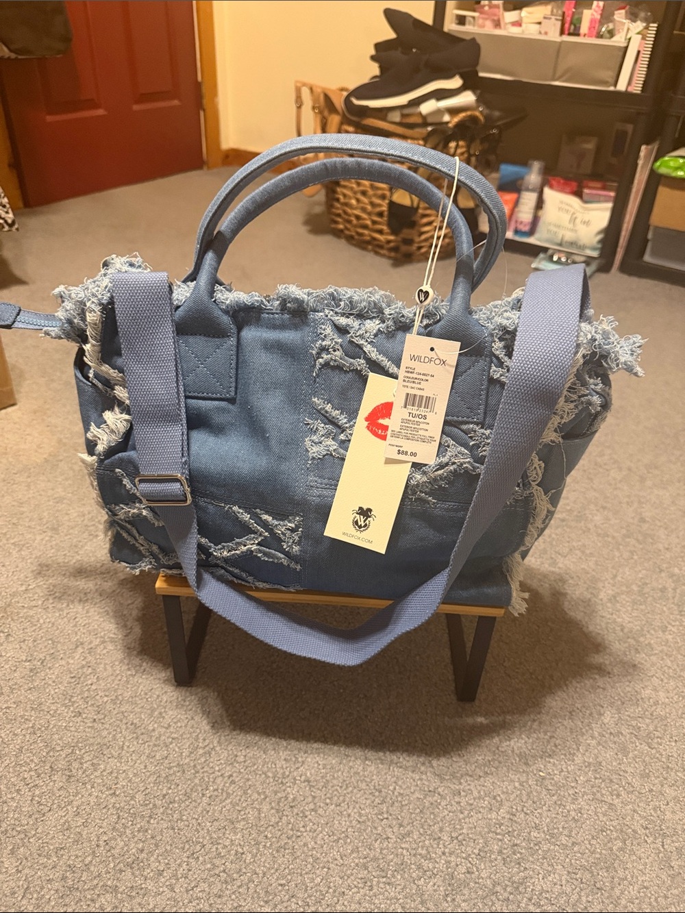 Wildfox Frayed Denim Tote in Light Blue 15 length 11 width